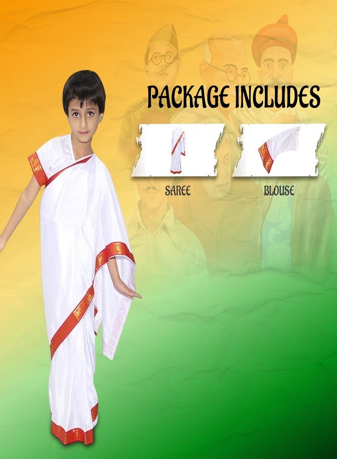 كاكو فانسي دريسيس زي تنكري من البوليستر من كاكو، مستوحى من البطلة الوطنية والمناضلة من أجل الحرية إنديرا غاندي، للبنات | زي تنكري ليوم الاستقلال ويوم الجمهورية - أبيض، مقاس 3-4 سنوات، للبنات - Image 3